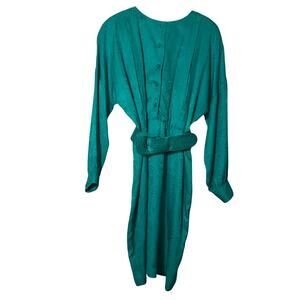 VTG 80s Teal Green 100% Silk Paisley Jacquard Shoulder Pad Midi Dress Belted 16